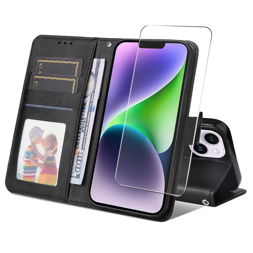 For iPhone 15 Plus PU Leather Wallet Case Phone Stand Cover with Tempered Glass