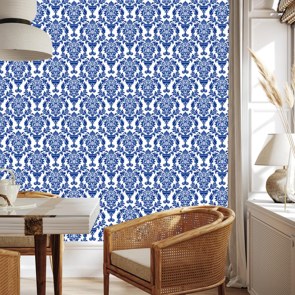 Blue and Azure Damask Wallpaper for Living Room and Bedroom 50x1000