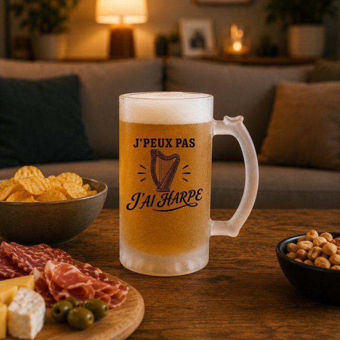 Chope / Verre à bière - PLANETEE - J’peux pas j’ai Harpe (minimaliste) - Verre trempé givré - 470 ml - Impression sublimation