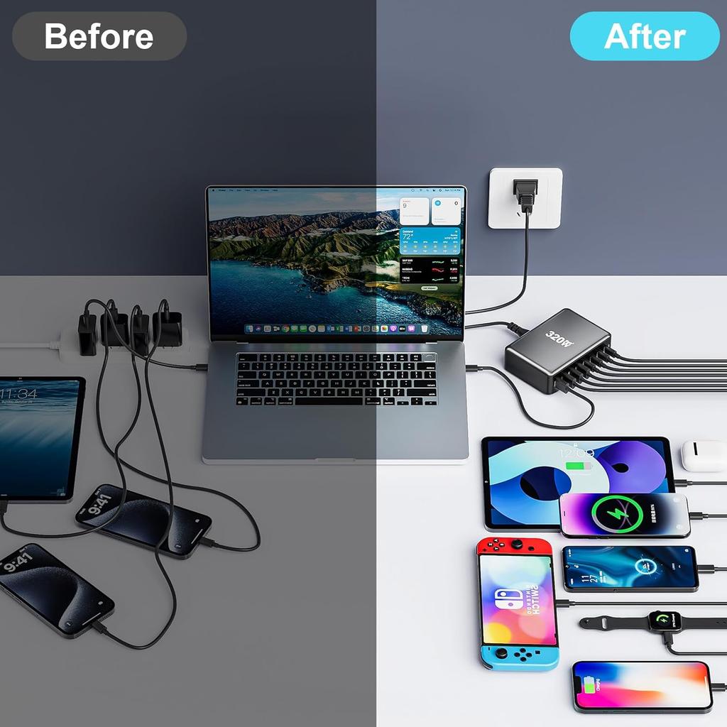 320W GaN USB Type C Charger 8-in-1 Ports Fast Charging OTP Protection Eco-Friendly AU EU UK US Plug Laptop Phone Watch