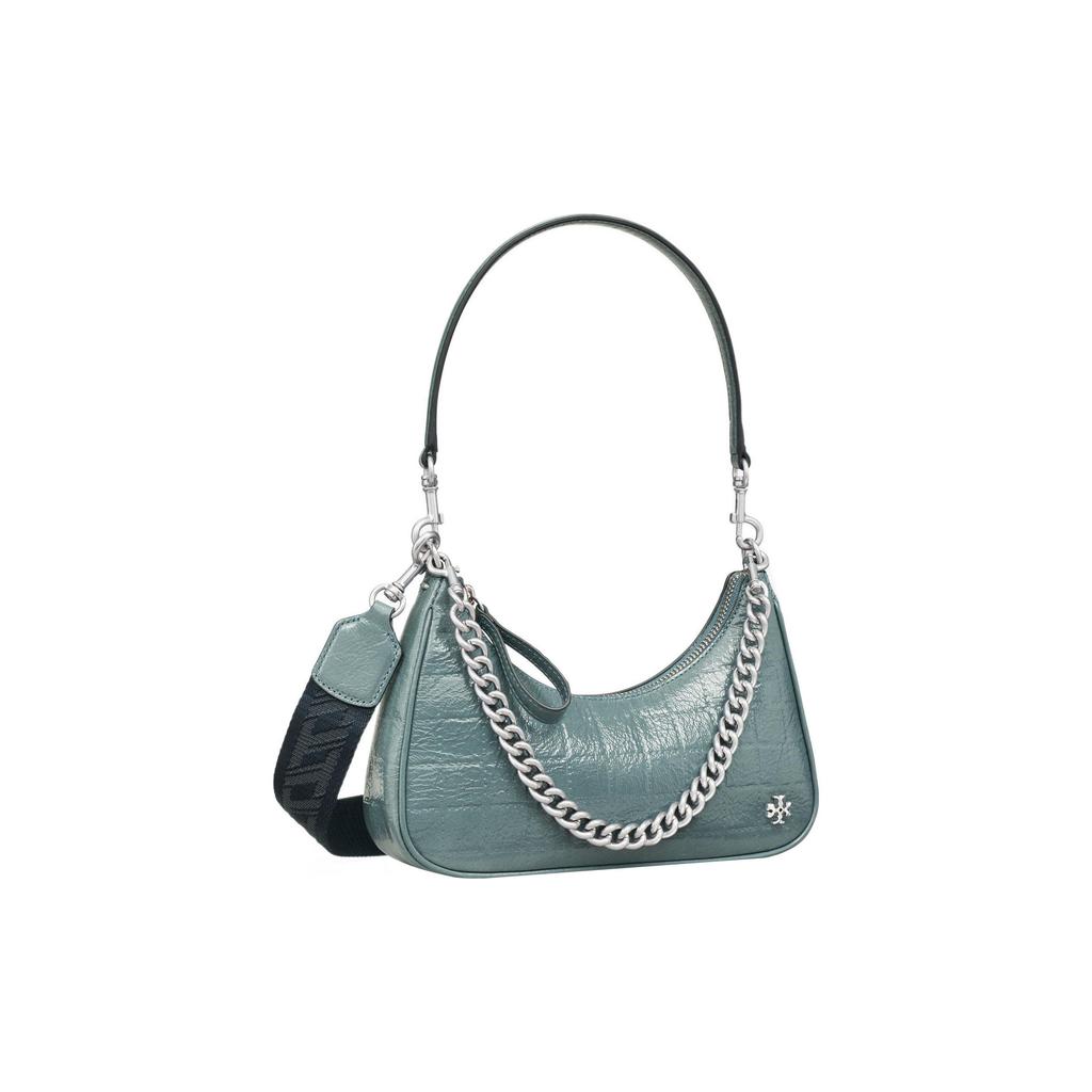Tory Burch Mercer Silver Chain Double Shoulder Strap Patent Leather Underarm Shoulder Bag Women Shoulder Bag Rain-Blue 134541-400