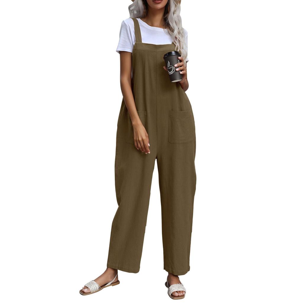 Женская мода, летние брюки-комбинезон из хлопка и льна, свободный повседневный комбинезон с карманами