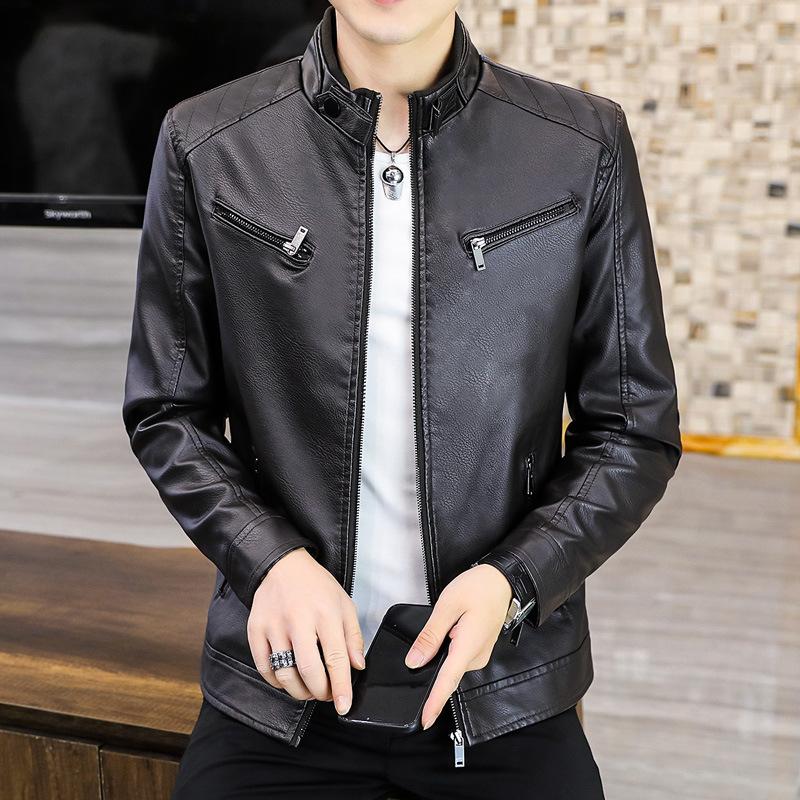 Мужская тонкая кожаная куртка с воротником-стойкой, ветрозащитная куртка из искусственной кожи, мотоциклетная кожаная куртка