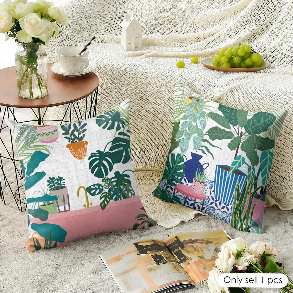 Botanical House Plants Boho Retro Vase Cushion Cover Natural Linen Organic Fabric Double-Sided Printing Breathable Home Decor