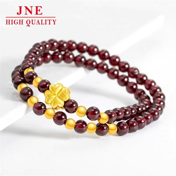 Gilt Pixiu Bracelet Women Imitation Gold Garnet Bracelet Lady Lucky Golden Balls Four-Leaf Clover Lucky Beads 3D Hard Pure Gold