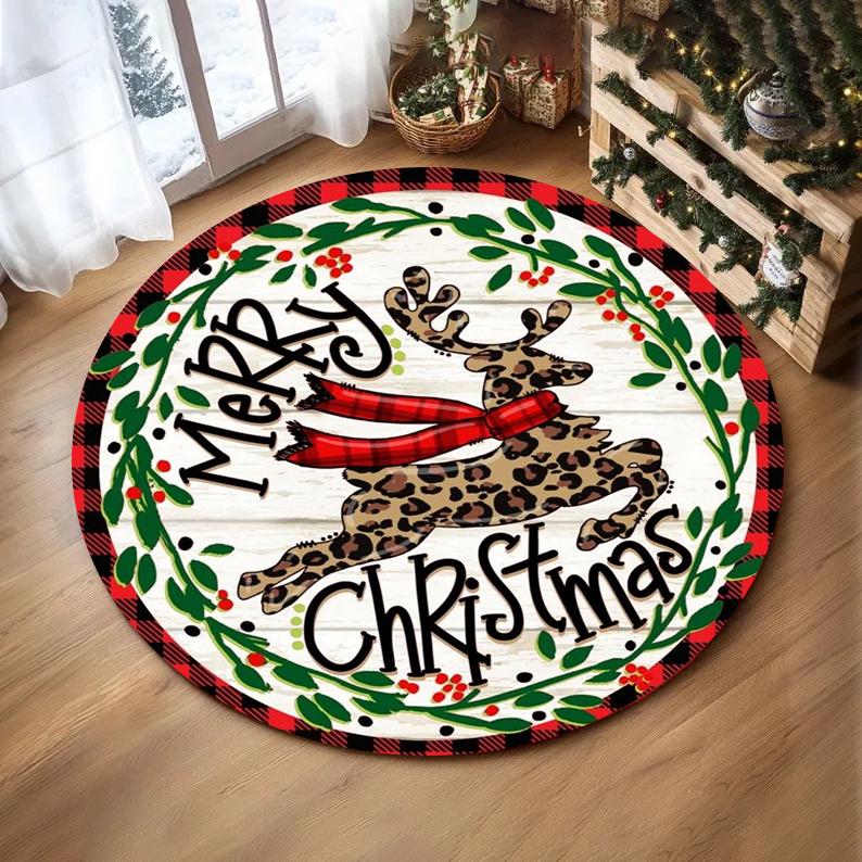 Christmas Ornaments Round Rug Merry Christmas Santa Rudolph Riding Home Mat Living Room Decor Sofa Rug Festival Event Carpet