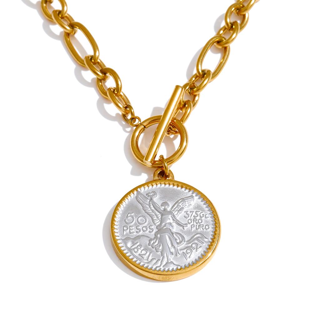 Eetit Round Double Sided Angel Pendant Drop Necklace Stainless Steel Golden Chain Toggle-Clasps Statement Jewelry Waterproof