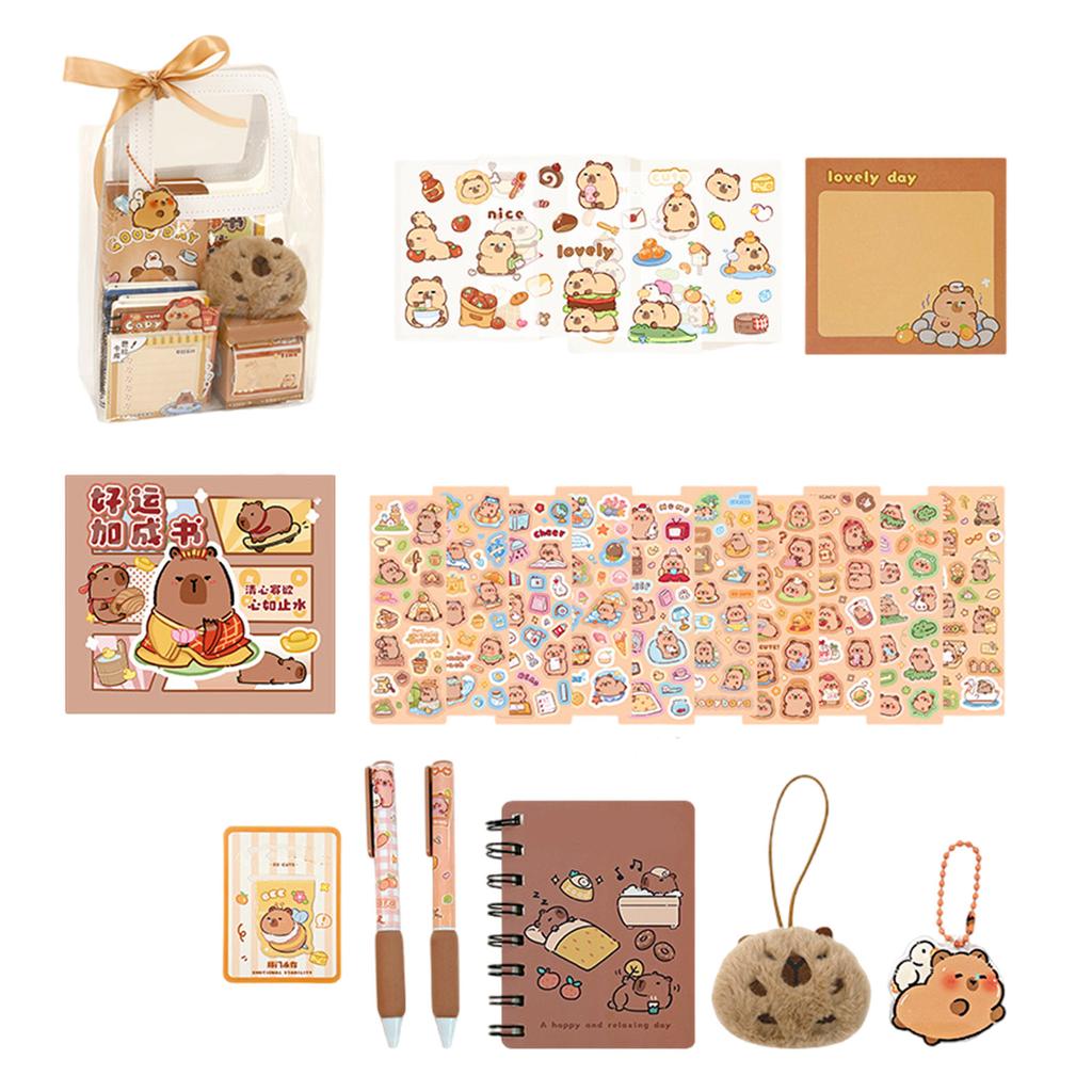 Канцелярские принадлежности для школы и студенчества включают в себя блокнот, бумагу для заметок, шариковую ручку, закладки, пенал, наклейку, линейку, брелок