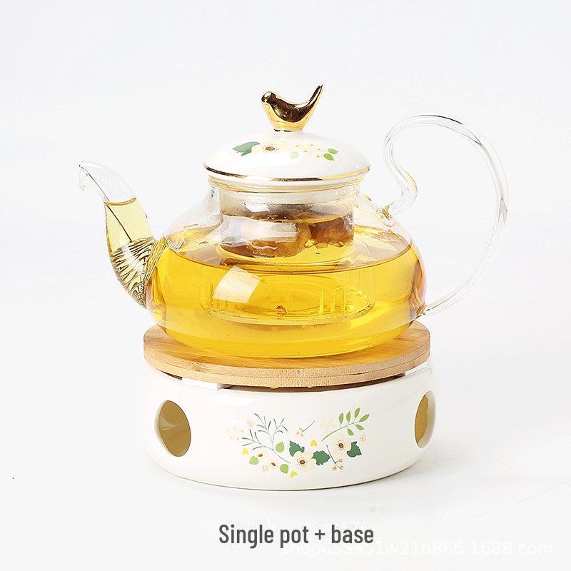 English Light Luxury Floral Teapot Set with Candle Heating Base - Heat-Resistant Glass for Afternoon Tea