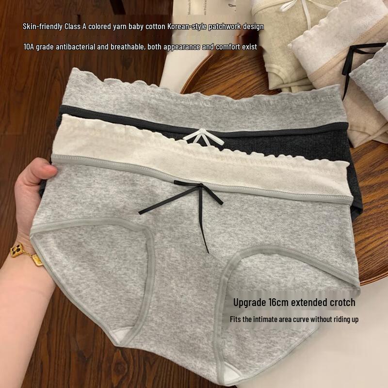 Женское нижнее белье из чистого хлопка средней посадки, 3 штуки, с кружевом-бантом, антибактериальное