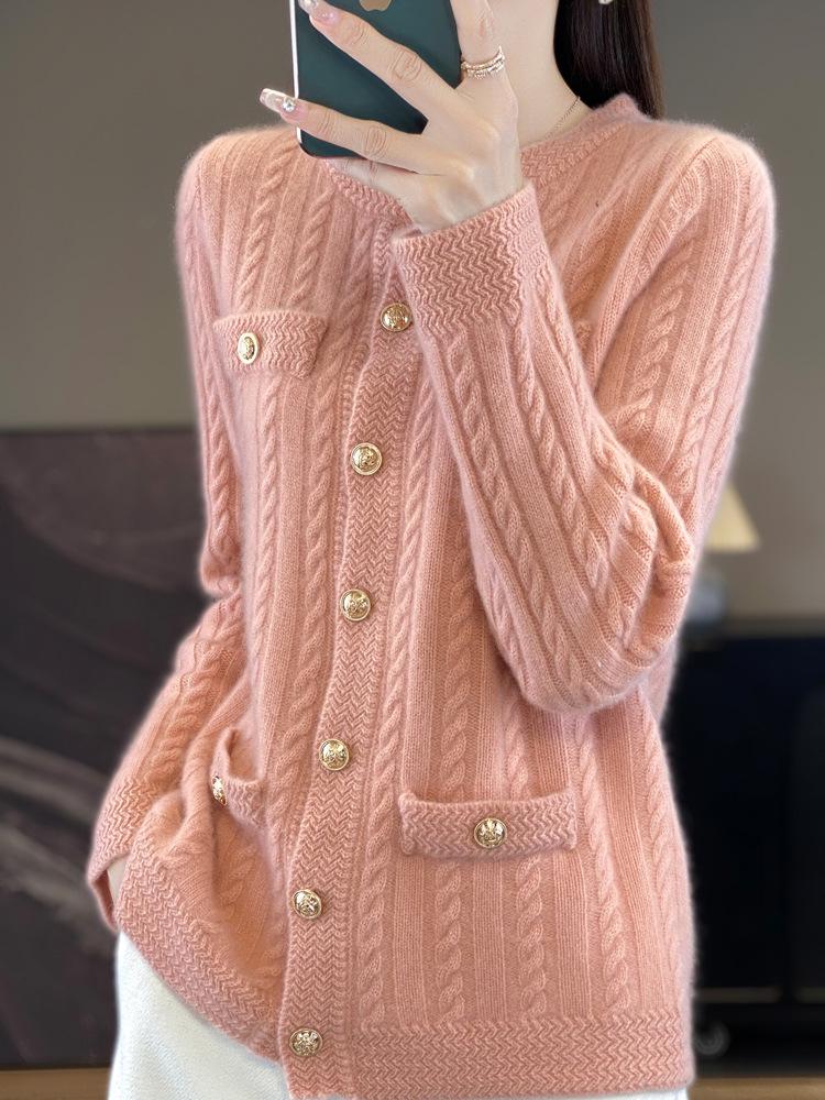 100% Wool Women's French Cable Knit Cardigan - Autumn/Winter Retro Short Aran Tweed Jacket