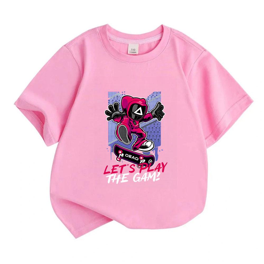 Kids Boys Girls 100% Cotton Crew Neck Short Sleeve T-Shirt, Cool Game Mask Character Skateboard Print Casual Tees, Let's Play The Game Pattern Soft Su