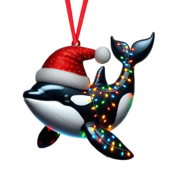 Рождественское украшение Плоский 2D акриловый лев в шапке Санты Шарм Рождественское подвесное украшение с веревкой