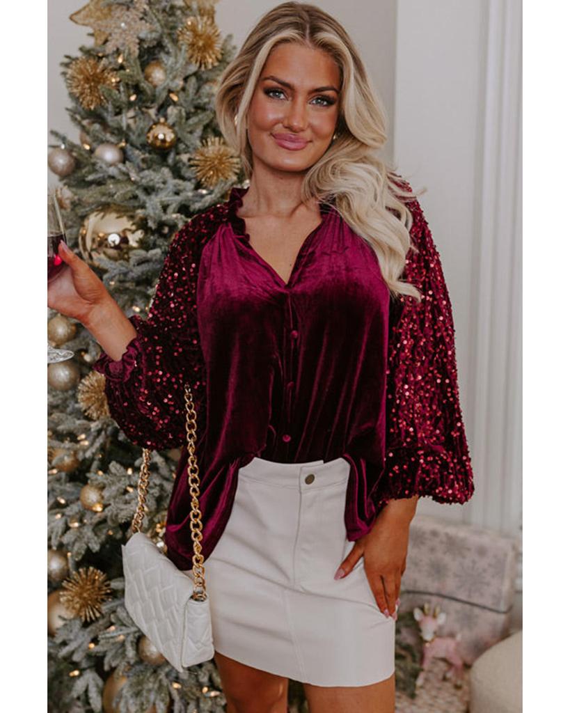 Azura Exchange Red Dahlia Sequin Patchwork Sleeve Button Up Velvet Top