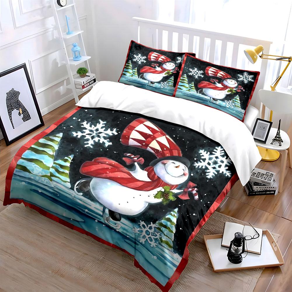 Snowman Ice Skating Scene Bedding Duvet Cover Set Duvet Cover Pillowcases (1*Duvet Cover 2*Pillowcases, without duvet insert)
