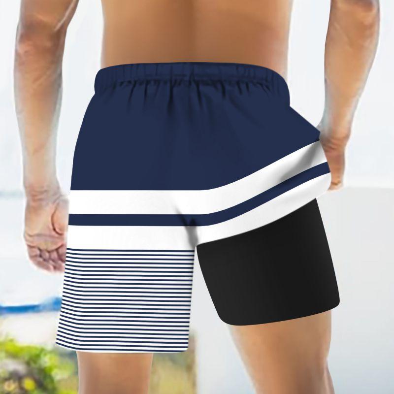 Men's Summer Double-layered Shorts Drawstring Swim Trunks Beach Printed Swim Pants with Pocket