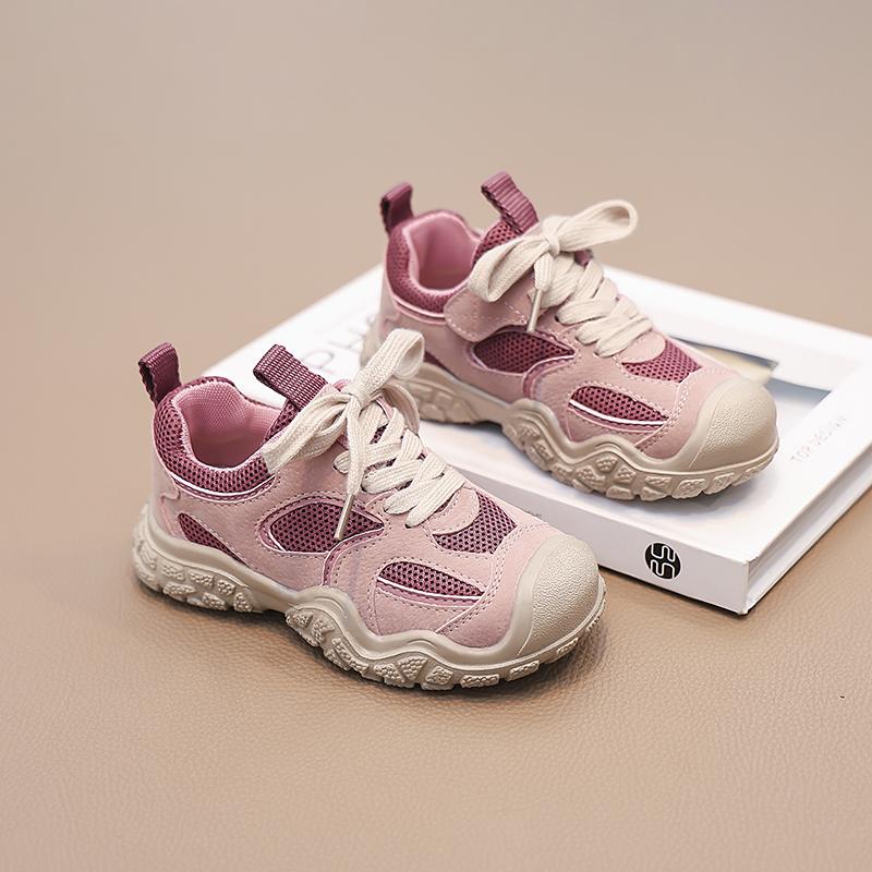 Детская повседневная обувь для мальчиков и девочек, на шнуровке, из дышащей сетки, с защитой от ударов, модные детские кроссовки для бега и спорта, розово-серые