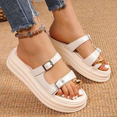 Модные сандалии-шлепанцы на толстой подошве, летняя уличная обувь, мода 2025, новые шлепанцы с перемычкой для пальца, металлической пряжкой, повседневные шлепанцы на плоской подошве