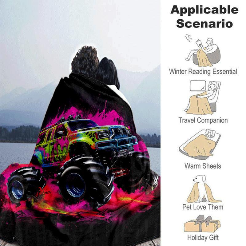1pc Monster Truck Printing Lightweight Flannel Blanket, Comfortable and Warm Blanket, for Camping Sofa Bed and Couch Office, Suitable for Gif