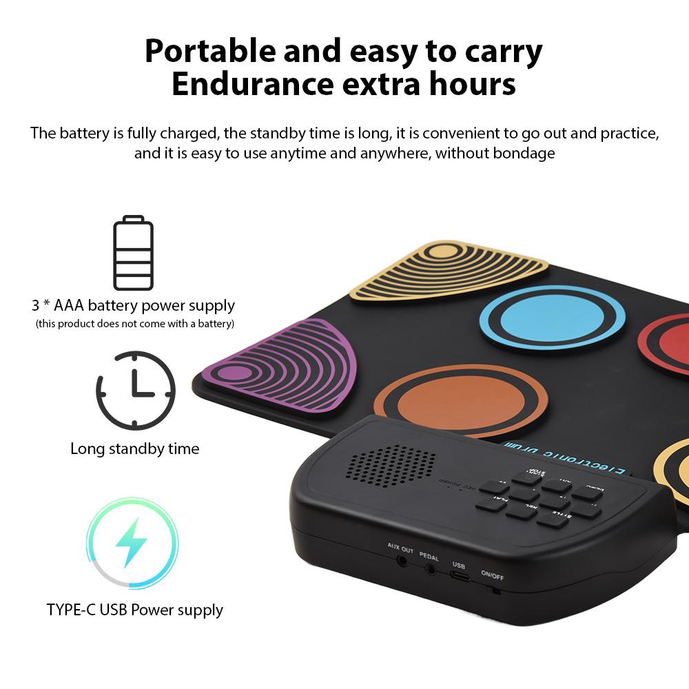 Электронная барабанная установка с динамиком Hand Roll Drum Set 9 пэдов Поддерживает различные аудиовходы 7 барабанов