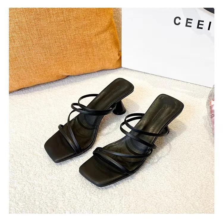 Fashion Summer New Women's Slippers Square Toe Grace Narrow Band Solid Casual Sandals Waterproof Block High Ladies Shoes
