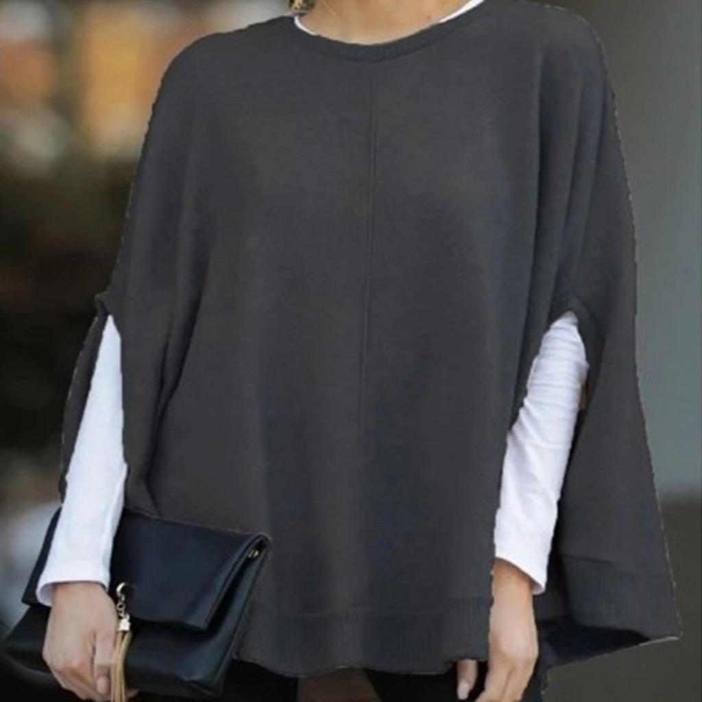 Women Fashion Solid Color Print Loose Hooded Sleeve Splitter Long Sleeve Top