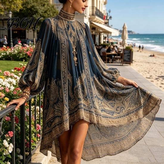 Smocked Neckline Dress Boho Floral Print High Neck Irregular Chiffon Mini for Women, Short Front Long Back Sleeve Flowy Party Cocktail Dress,