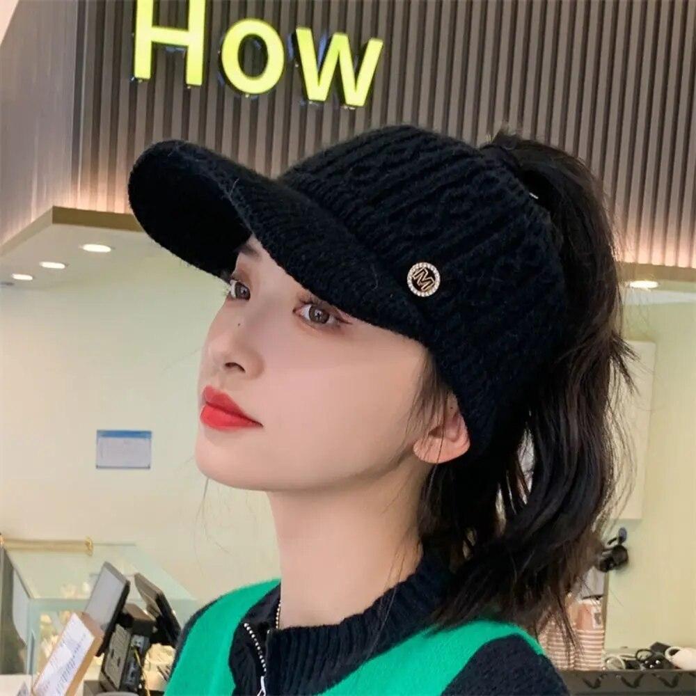 Женские шляпы Новые осенне-зимние теплые вязаные шапки из кролика Спорт на открытом воздухе Гольф Шляпа для хвостика Бейсболки Кепки с открытым верхом 1 шт. EMA