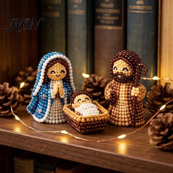Desktop Christmas Scene Display 3D Nativity Bead Craft Kit for Decoration, DIY Beaded Holiday Crafts Kids Figurine Set Adults Family, Home Ornament