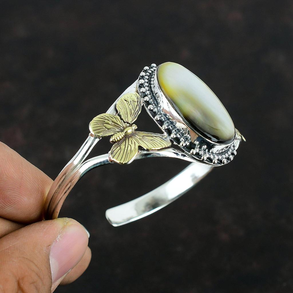 Mother Of Pearl Gemstone Cuff Bracelet Adjustable Butterfly Bangle 925 Sterling Silver Bangle Handmade 18K Gold Plated Bangle Gifts For Him