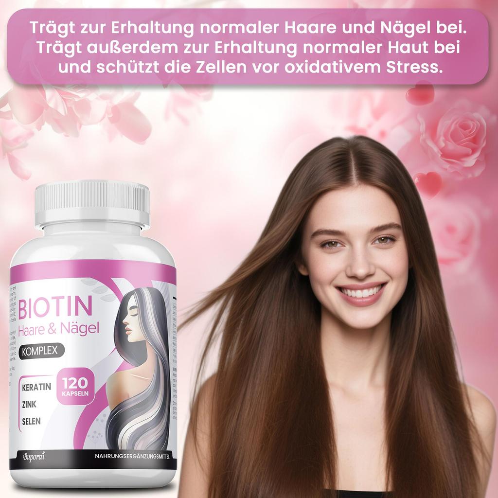 Buporai Biotin Complex dietary supplement supports healthy hair and nail growth, designed to improve hair quality and reduce nail breakage.
