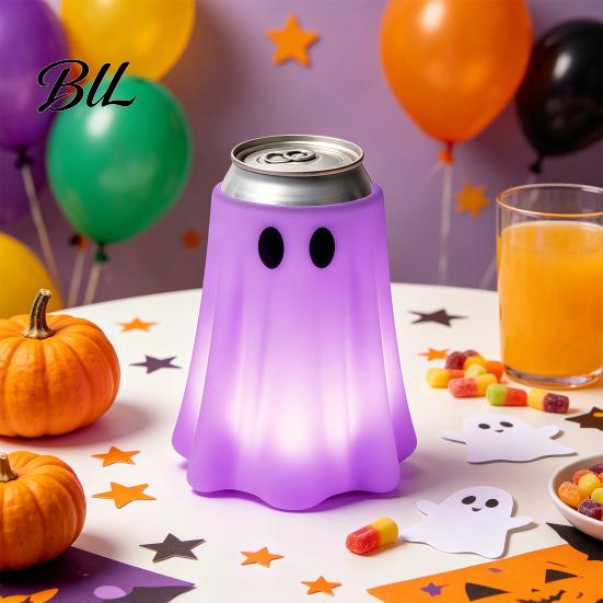Drink Can Insulation Protector 3D Printed Halloween Ghost Holder, Glow?in?the?Dark Soda Beverage Non Slip Cup Cover, Cute Tabletop Decor