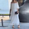 Women Dress Off Color Chiffon Ruffle Scattered Cake Hem Shoulder Multi-layer Pleated Solid Half Sleeves