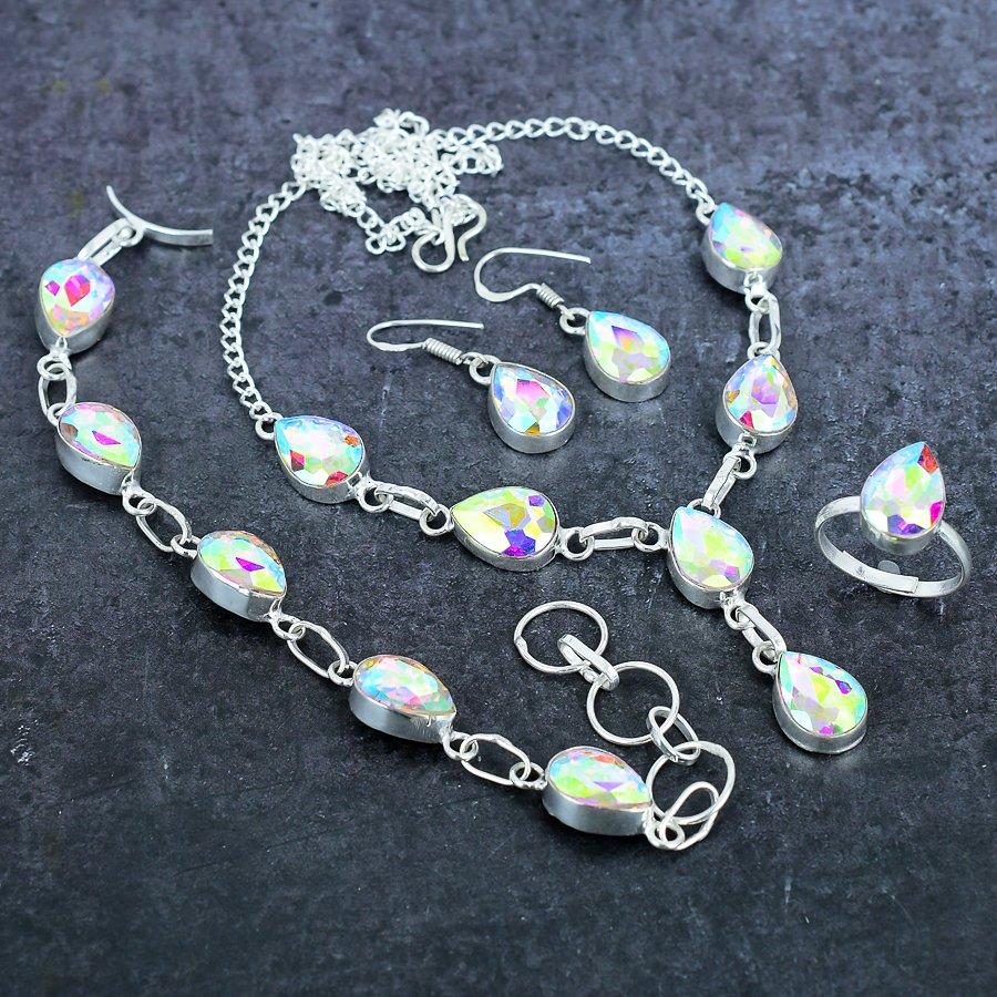 Natural Mystic Rainbow Topaz Gemstone 925 Sterling Silver Jewelry Set l1W38