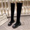 Сапоги 2025 года, осень и зима, новые замшевые сапоги на толстой подошве, с круглым носком, на толстом каблуке, модные черные эластичные тонкие сапоги