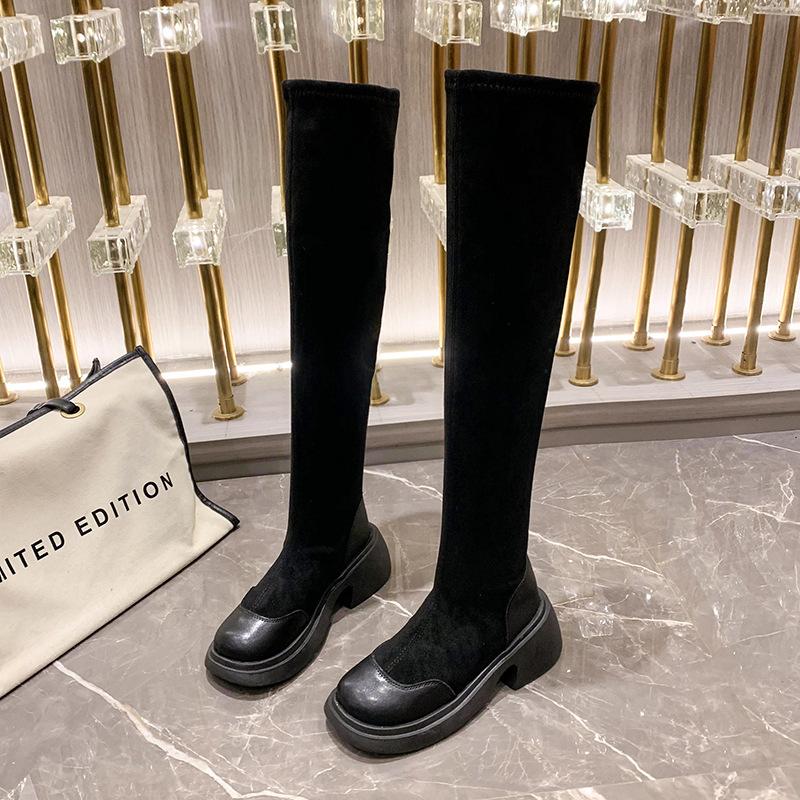 Сапоги 2025 года, осень и зима, новые замшевые сапоги на толстой подошве, с круглым носком, на толстом каблуке, модные черные эластичные тонкие сапоги