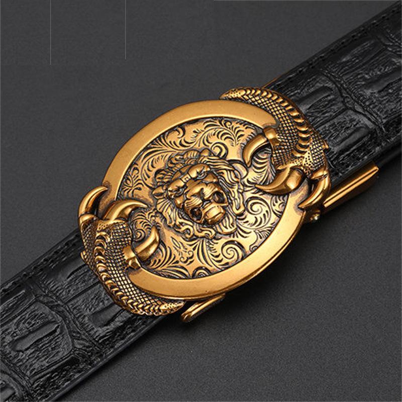 Men's Leather Belt with Automatic Buckle, Genuine Leather, Bronze Buckle, Faucet for Middle-aged and Young Business Casual Pants