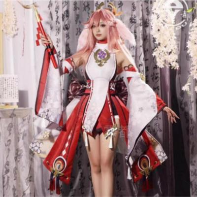 Косплей костюм Яэ Мико Genshin Impact Полный комплект Костюм Лисьей Богини Косплей Костюм Служительницы Храма с Париком Хэллоуин