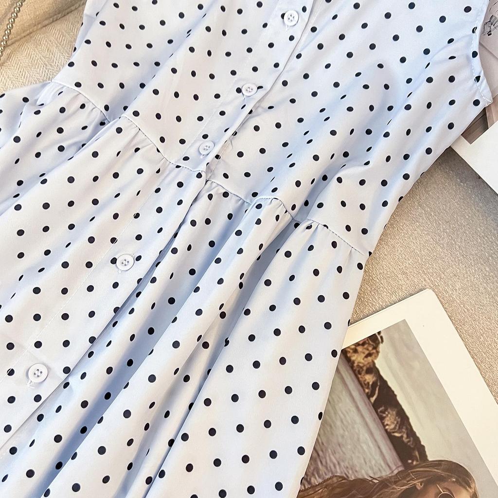 Женское летнее платье-жилет без рукавов в горошек для миниатюрных – стиль французского чаепития, приталенный удлиненный дизайн