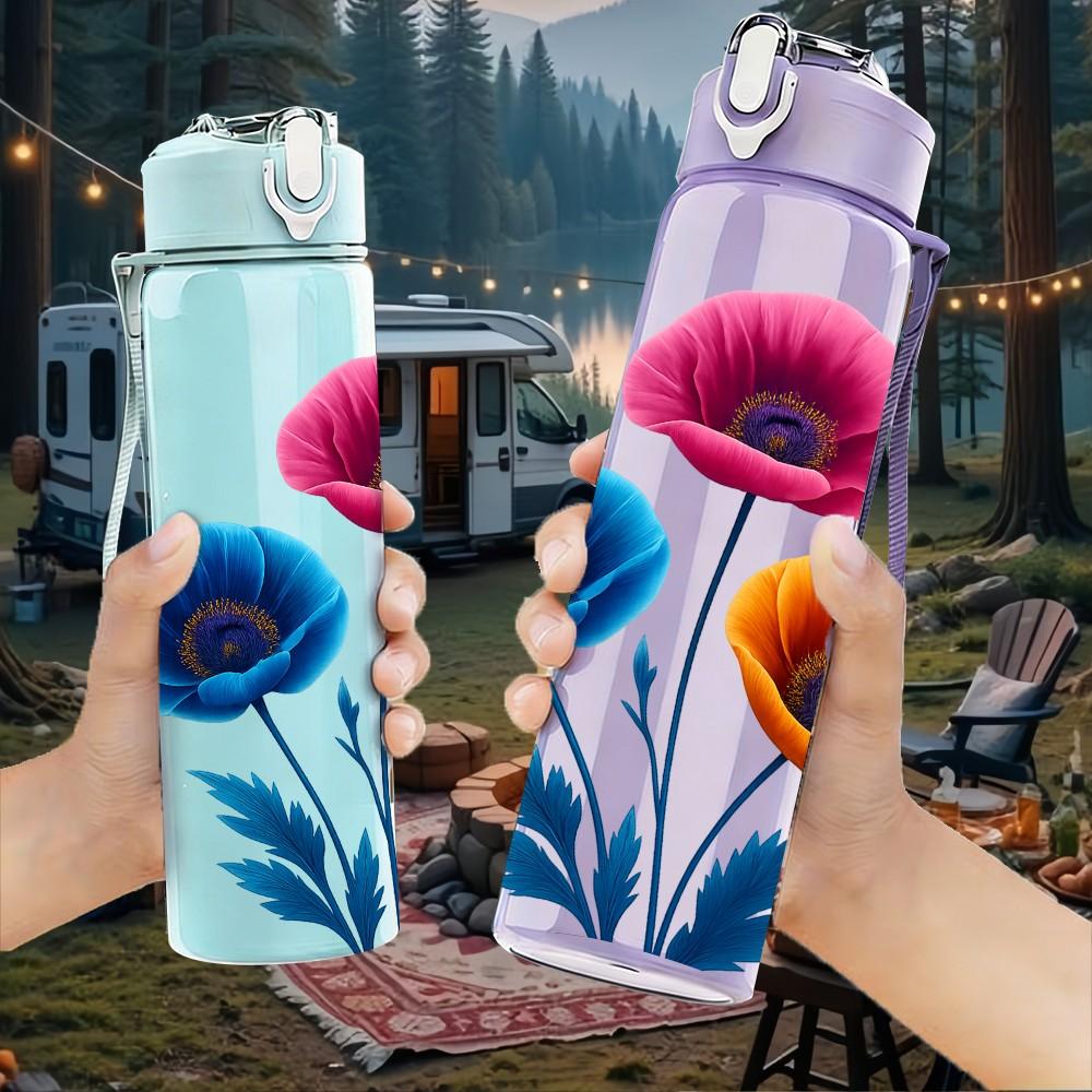 1PC Poppy Wild Flower 750ml Color Plastic Sports Water Bottle Leakproof Flip Straw Lid Suitable for Sports Office Home Use