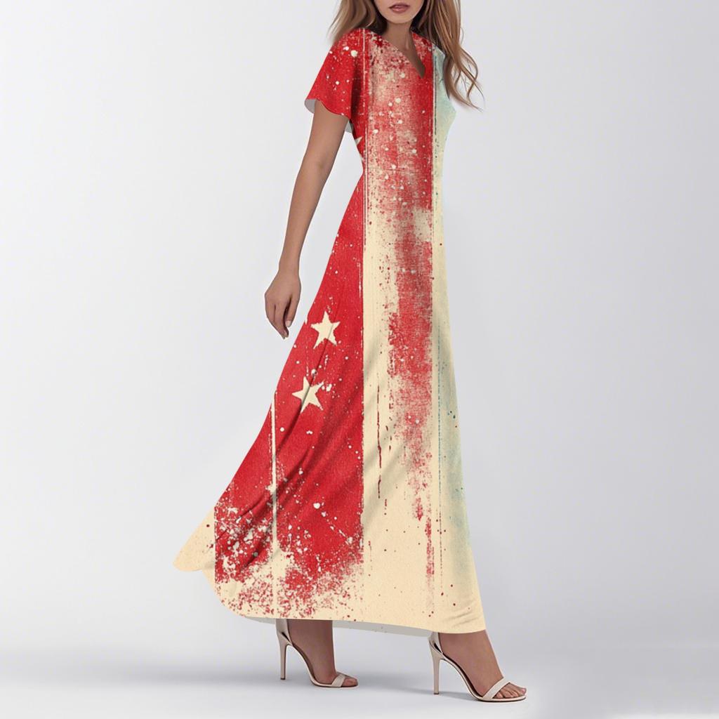 Женские летние повседневные модные платья с принтом ко Дню независимости, платья с коротким рукавом и V-образным вырезом