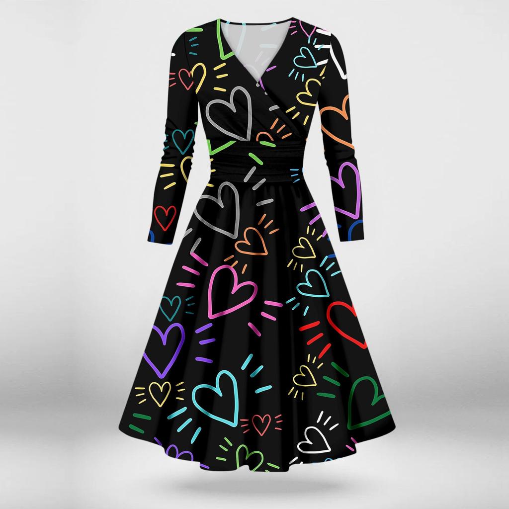Женская мода повседневное сексуальное платье с длинным рукавом и v-образным вырезом с принтом ко Дню святого Валентина