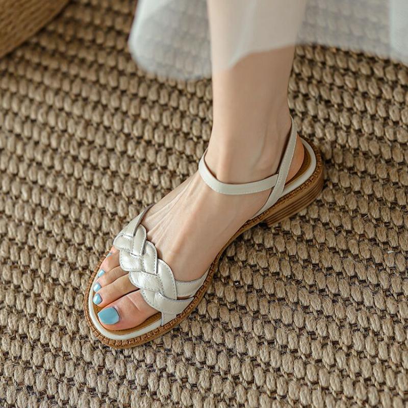 Fashion Shoes Female Sandal 2025 Women's Girls Beige New Summer Comfort Low Retro Flat Back Strap Square heel Rubber