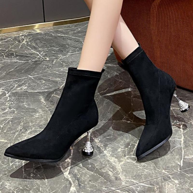 Ботильоны на высоком каблуке с кристаллами, замшевые теплые женские туфли, зимние брендовые повседневные туфли-челси с острым носком, трендовые туфли-лодочки 2025 года, зимние ботинки-лодочки женские
