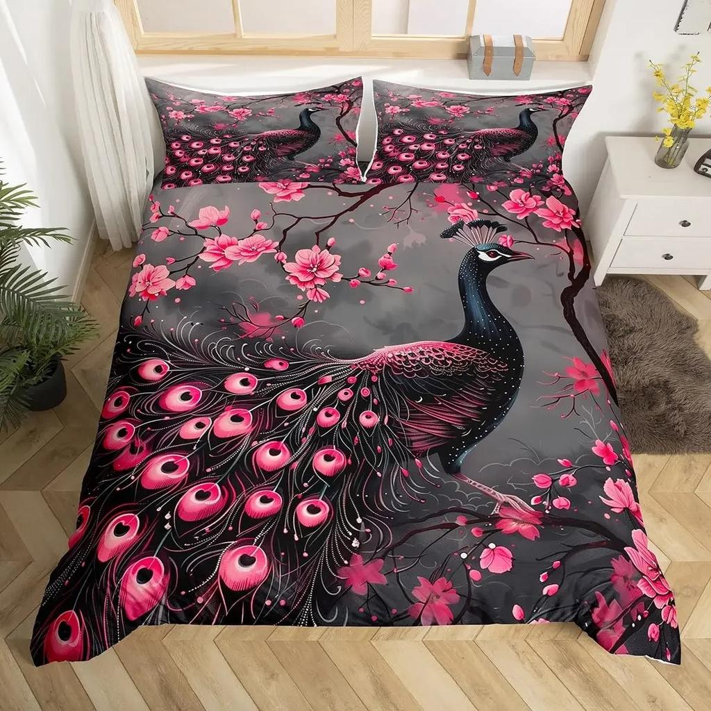Peacock Duvet Cover Queen Watercolor Feather Bedding Set Bird Animal Floral Print Art Painting Comforter Cover and 2 Pillowcase