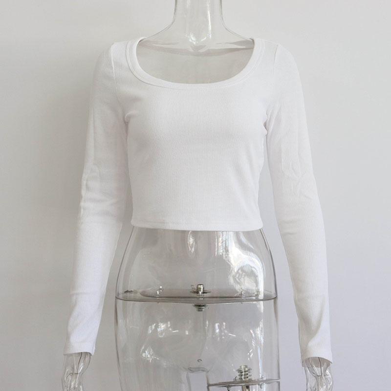 Womens Scoop Neck Long Sleeve T-Shirts Casual Basic Ribbed Crop Knit Tops Spring Autumn Slim Fit Solid Color Bottoming Shirt