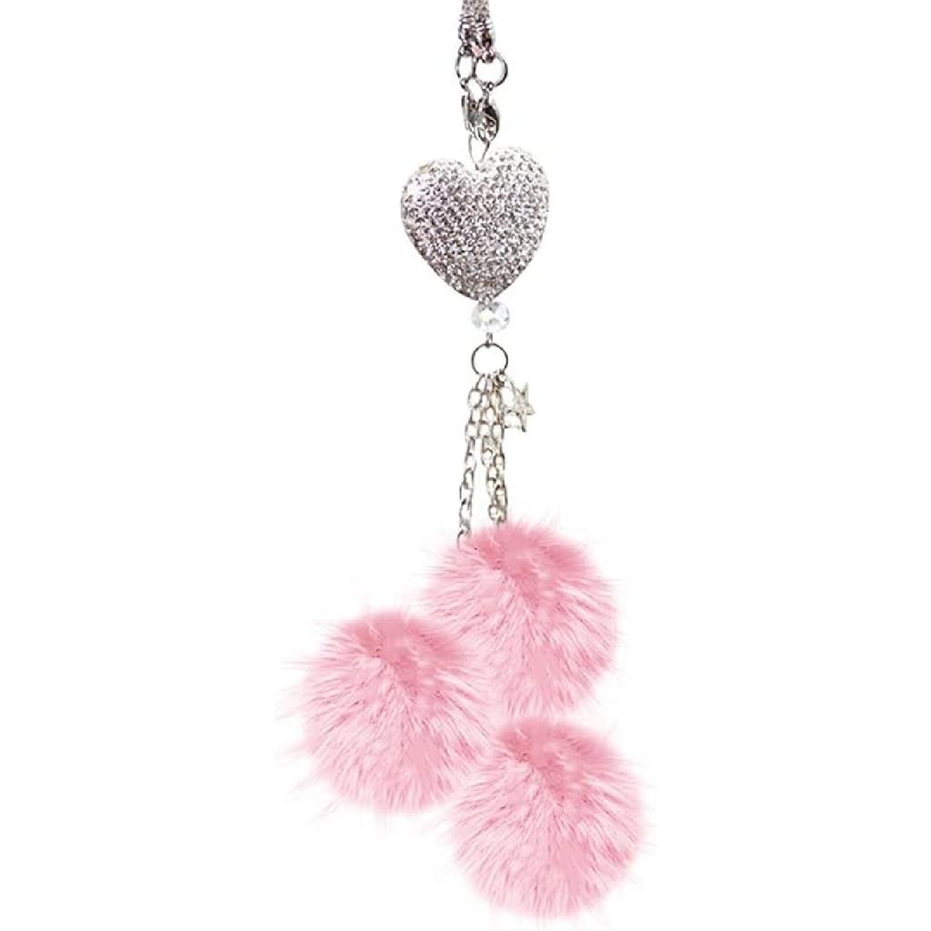 Bling Heart Rhinestones Diamond Car Accessories, Cute Love Heart Plush Ball Car Mirror Hanging Accessories Lucky Rearview Mirror Charms Decorations