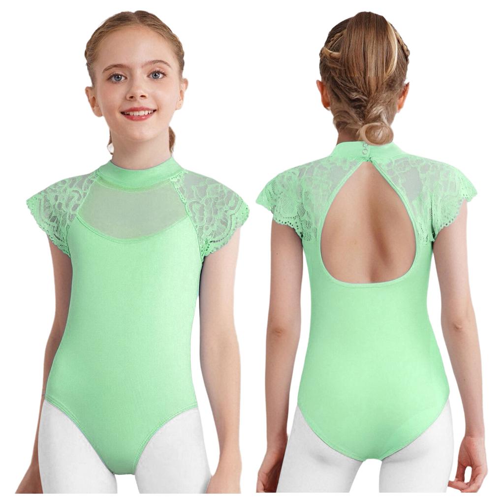 Girls Ballet Exam Leotard Lace Cap Sleeves Sheer Mesh Patchwork Cutout Dance Practice Wear