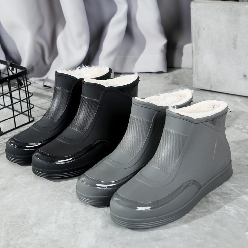 Новые женские резиновые сапоги Водонепроницаемая обувь Нескользящие Низкие Короткие Резиновые Сапоги Водная Обувь Толстая Подошва Утепленные Хлопком Теплые Резиновые Сапоги