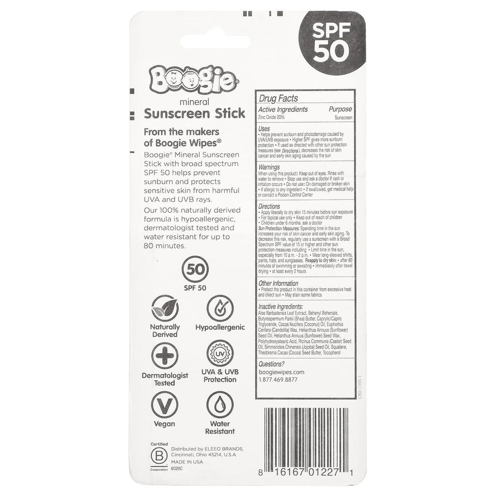 Boogie Wipes Mineral Sunscreen Stick, SPF 50, 0.49 Oz (14 G)